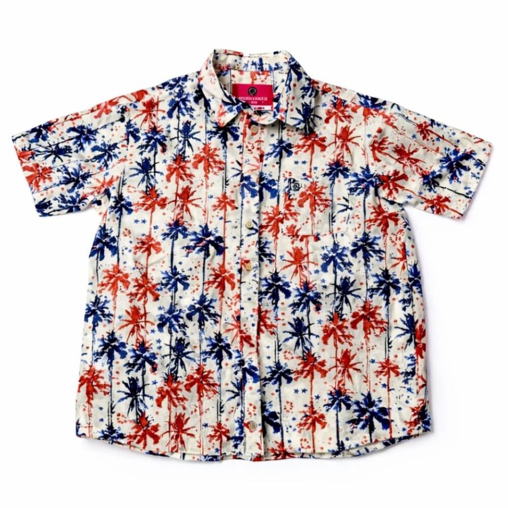Southern Proper Red White Blue Button Up Short Sleeve Cocktail Shirt- M
